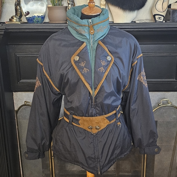 Vintage Obermeyer Geneva Embroidered Suede Trim Belted Ski Jacket 12P - Picture 1 of 14
